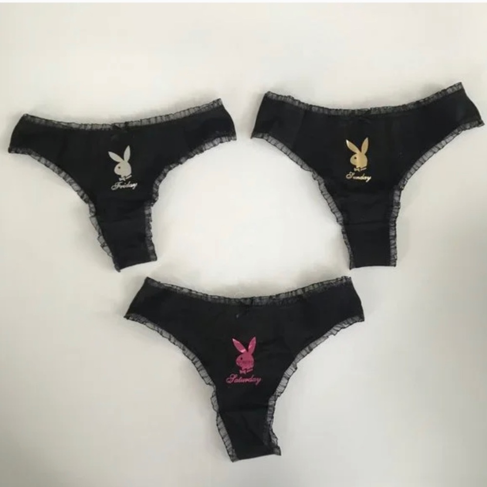 Playboy metallic black lace weekend 3 pair set thong underwear